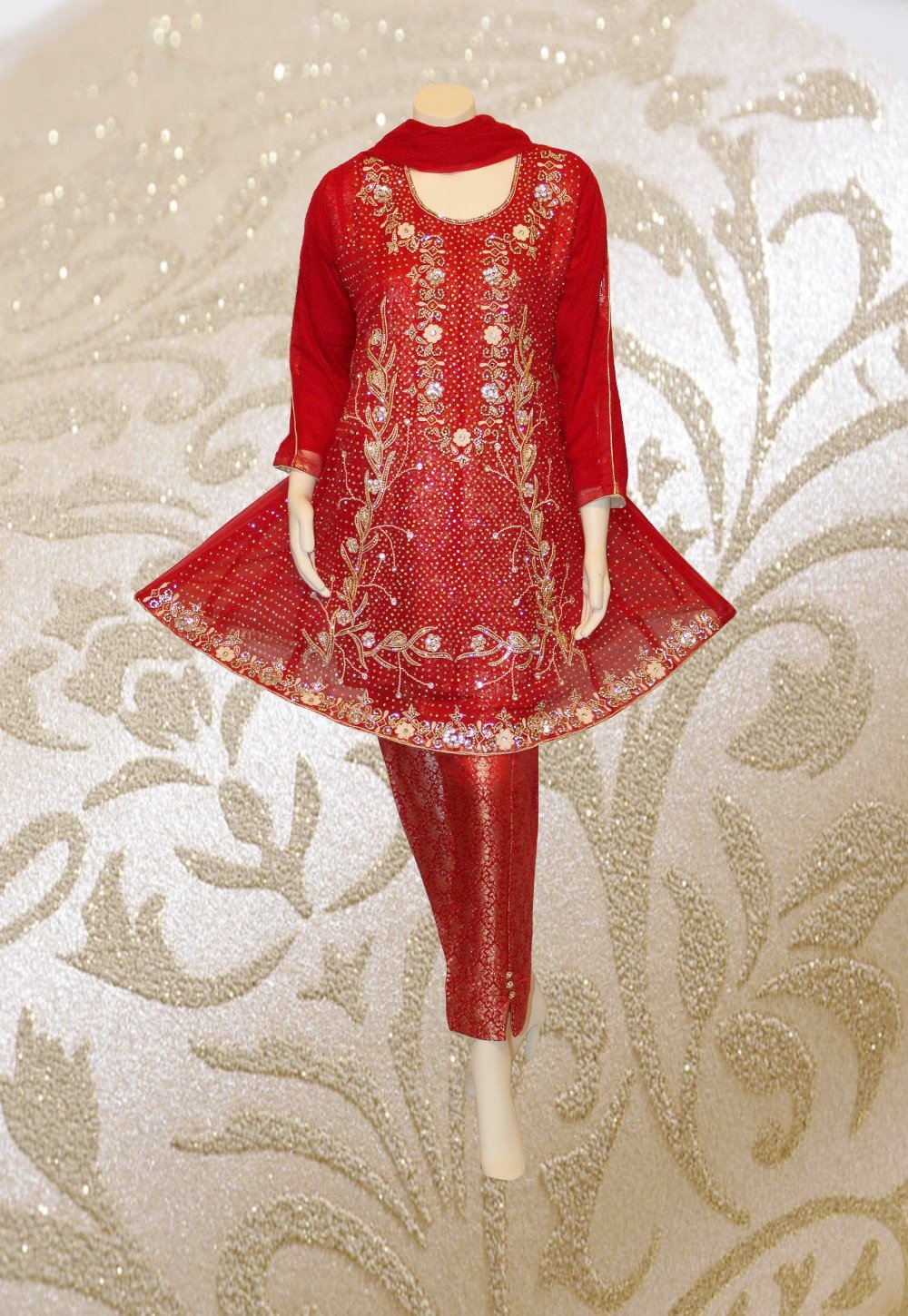 Copy of E26 A  Pakistani Indian Heavy 3 PC Bridal Wear Luxury  Chiffon Dress In Red