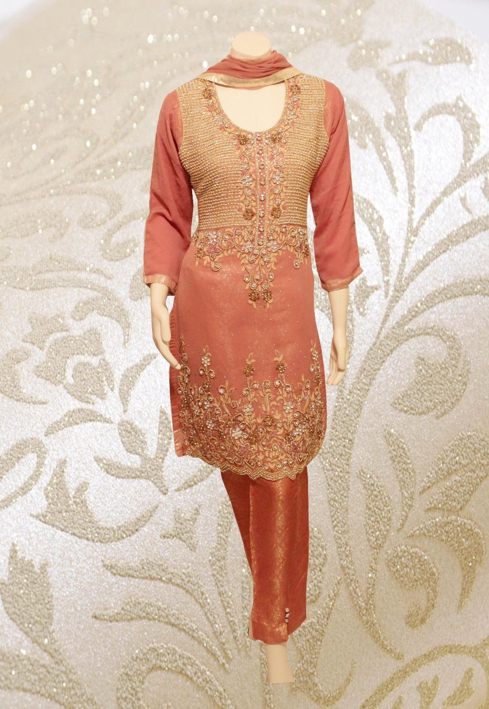 E29 Pakistani Indian Heavy Party Wear Luxury  Chiffon Dress In Tea Pink 3 PC