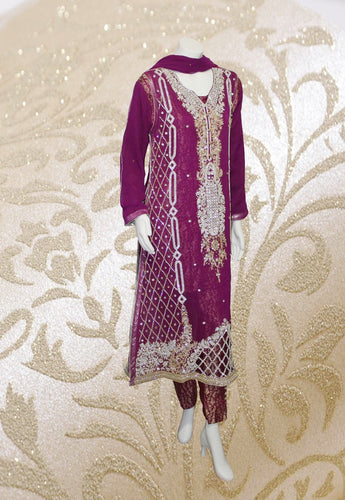 E30  Pakistani Indian Heavy Party Wear Luxury  Chiffon Dress In Purple 4 PC